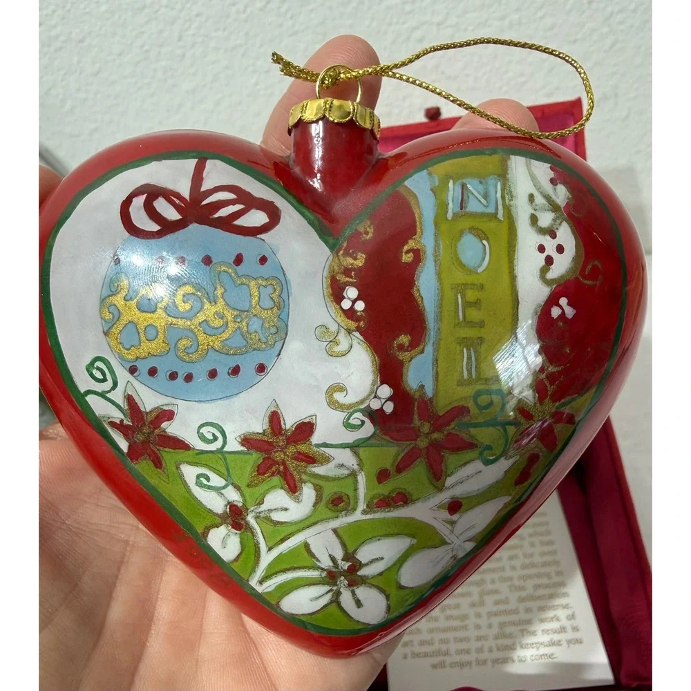 Pier 1 Li Bien Heart Christmas Ornament 2008 Hand Painted Glass Boxed Noel Joy